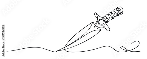 A minimalist single continuous line drawing of an ancient ornate dagger representing power and protection, ideal for symbolic logos, graphic novel covers, or decorative wall art for modern