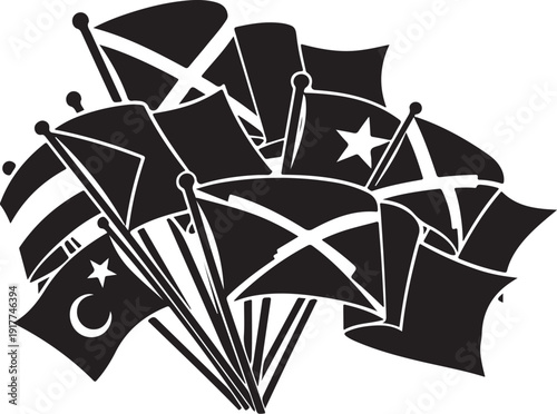 Collection of various black flags with white symbols displayed