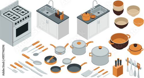Isometric kitchen equipment set with stove sink cookware utensils and cabinets professional cooking illustration collection,