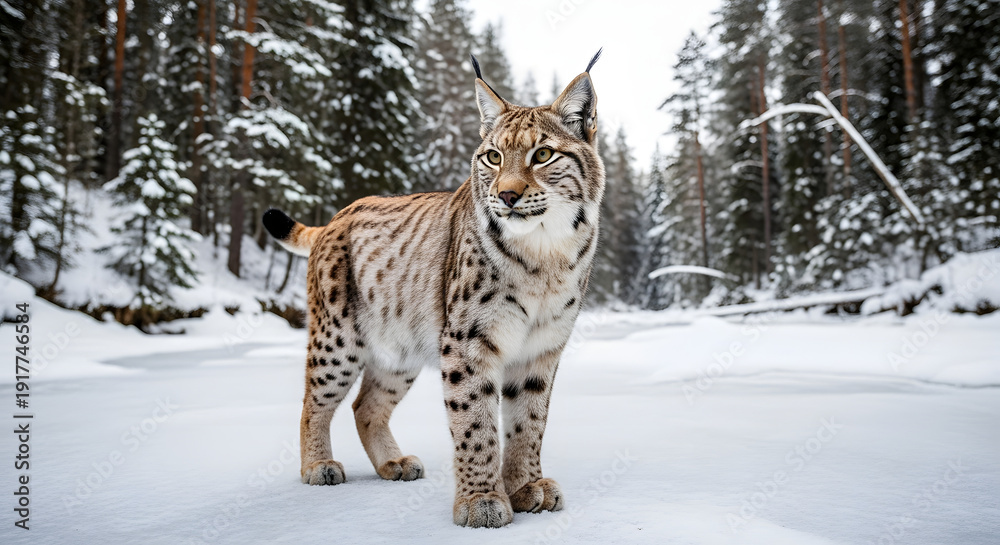 Obraz premium lynx on frozen river snowy forest