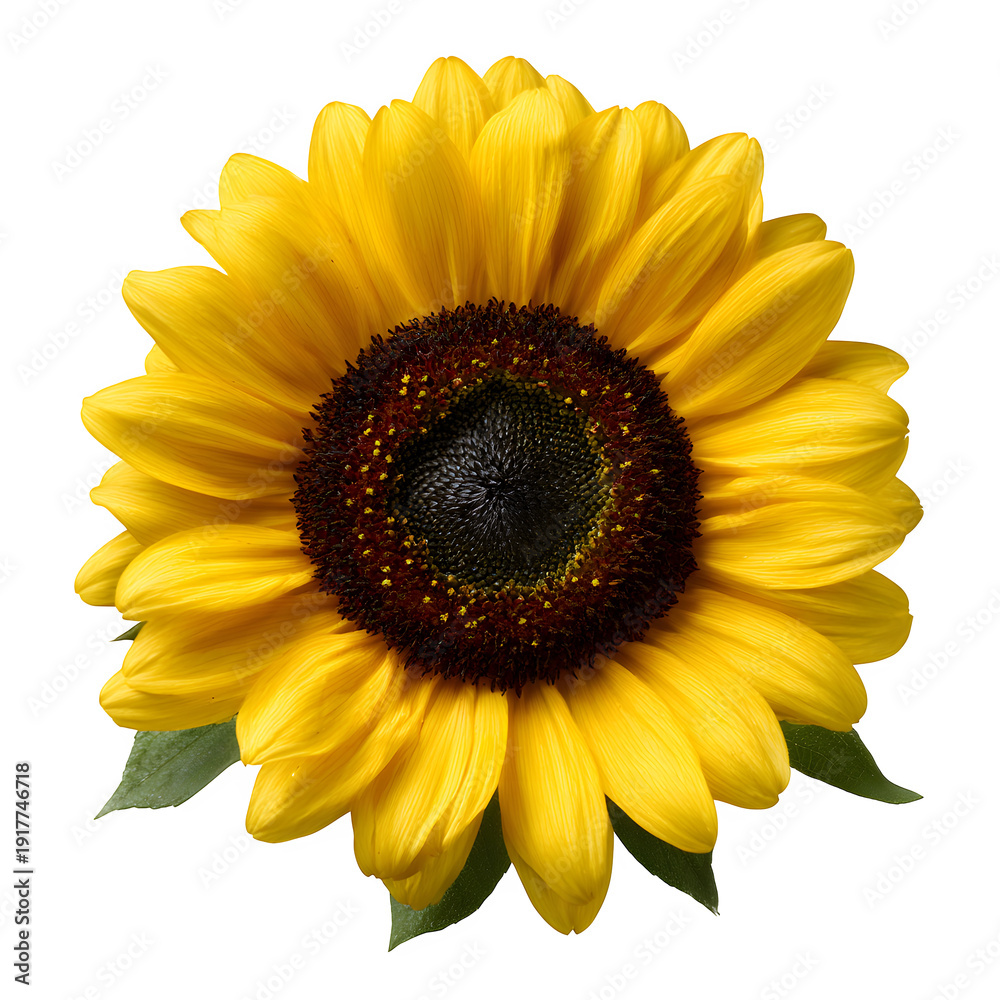 Fototapeta premium A vibrant yellow sunflower with dark center and green leaves, Transparent background PNG, overhead view of a single flower