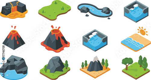 Isometric terrain icon set with volcano lava river waterfall beach mountains and forest landscape vector collection,