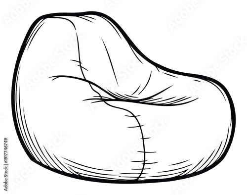 Stylized monochrome outline drawing of a comfortable bean bag chair, perfect for minimalist interior design projects, cozy home furnishing guides, or casual relaxation themed visual content