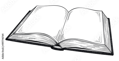 Detailed engraving style illustration of an old open book with empty white pages, ideal for academic projects, publishing designs, or historical themed media.