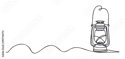 Minimalist one continuous line drawing of an old vintage kerosene oil lamp lantern, perfect for simple graphic design projects, icons, or decorative elements.