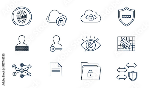 Cybersecurity and Data Protection Icons Featuring Fingerprint Cloud Security and Network