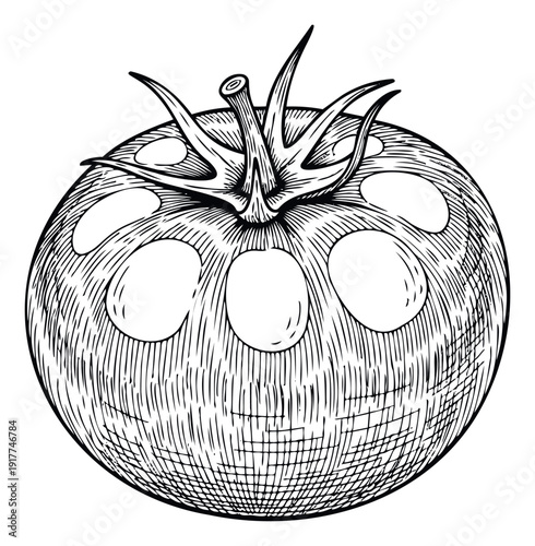 Detailed black and white engraving of a fresh garden tomato with a prominent stem and sepals, perfect for organic food branding, culinary publications, or healthy eating resources.