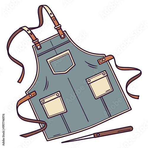 An illustration of a leather apron with tool pockets and a chisel on a white background from a top view