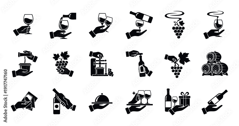Fototapeta premium Diverse set of wine production and serving icons depicting hands holding glasses, pouring bottles, harvesting grapes, pressing fruit, and offering, suitable for winery branding or