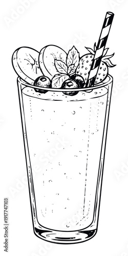 Refreshing fruit smoothie drink with banana slices, blueberries, strawberries, and mint leaves, perfect for health and wellness promotions, recipe books, or restaurant menus.