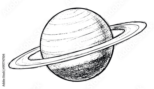 Detailed sketch graphic of the majestic ringed planet Saturn with its orbiting celestial rings, ideal for scientific illustrations, astronomy school projects, or cosmic themed merchandise