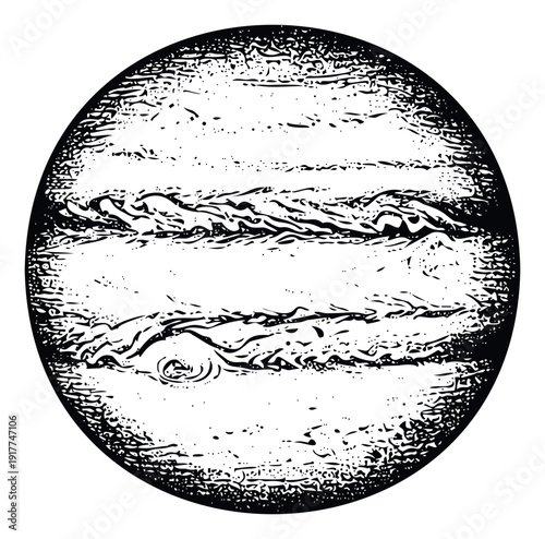 Abstract black and white planet illustration featuring distinct bands and swirling atmospheric elements suitable for science education materials, space themed branding, and astrological