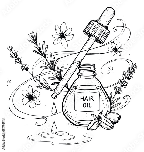 Organic hair oil bottle with dropper surrounded by natural botanical elements like lavender and rosemary for natural cosmetic product packaging and beauty blog content