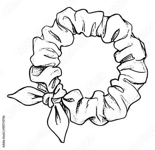 Stylish hand drawn scrunchie hair tie with a decorative bow perfect for fashion content blogs apparel product packaging and DIY craft projects