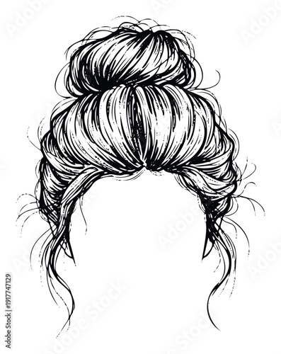 Modern messy bun hairstyle drawing featuring casual wispy black lines and voluminous texture ideal for beauty and fashion blogs or unique graphic apparel prints
