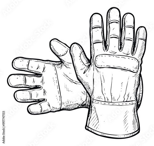 Durable work gloves sketch providing essential hand protection for various manual labor tasks, suitable for occupational safety brochures, construction project visuals, or home improvement