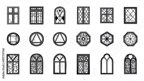 Diverse collection of vintage window designs and antique architectural glass elements perfect for historical building projects or elegant graphic decorative applications.