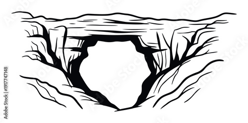 Stark black and white drawing of a mysterious cave entrance or natural arch surrounded by abstract barren trees and rough terrain, suitable for adventure, nature, or Halloween themed