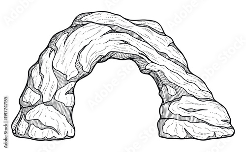 Hand drawn natural rock arch formation depicted with intricate linear details and shading, perfect for travel brochures, educational projects, or naturethemed visual resources.