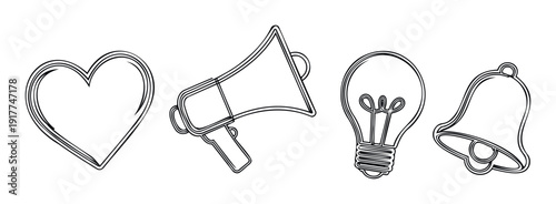 A versatile collection of linear black outline icons featuring a heart, a megaphone, a lightbulb, and a bell, perfect for modern digital applications and engaging user interface designs.