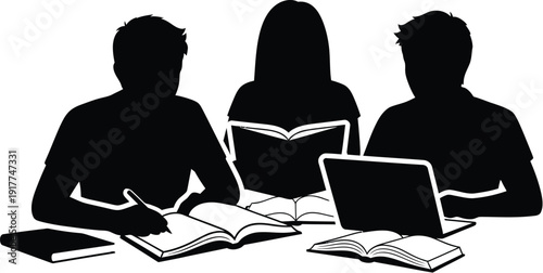 Group of students studying together with books and laptop
