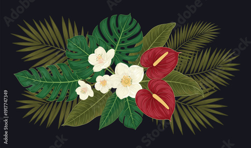 Lush Tropical Floral Arrangement With Red Anthurium And White Flowers