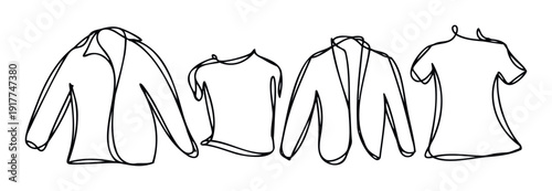 Simple line drawing of various apparel items like a jacket and tshirt, suitable for modern graphic projects and retail store advertisements and promotional materials