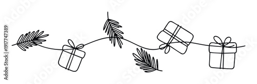 Continuous line drawing of festive gift boxes and pine branches forming a minimalist holiday garland perfect for winter season greeting cards or celebration invitations