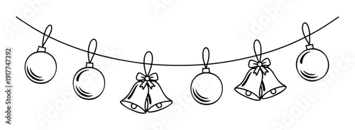 Charming line drawing of festive holiday garland featuring various Christmas ornaments and bells perfect for seasonal decorations, greeting cards, and party invitations.