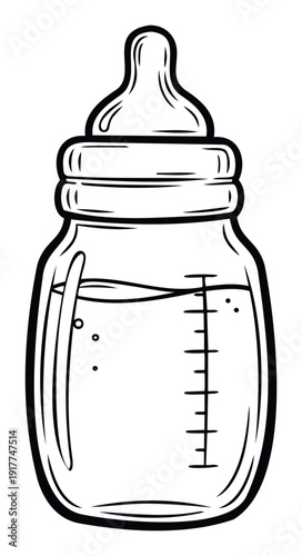 Classic outline drawing of a baby bottle filled with liquid, ideal for healthcare advertisements, parenting guides, nursery decor, and infant nutrition topics.