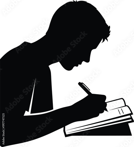 Man silhouette writing in notebook with pen on desk surface
