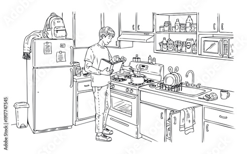 Young man cooking in his kitchen reading a cookbook while stirring a pot on the stove for a healthy meal preparation lifestyle concept