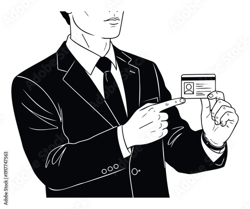 Professional man in a suit holds an identification badge and points to it, conveying concepts of verification, security, or official access for corporate or administrative communications.