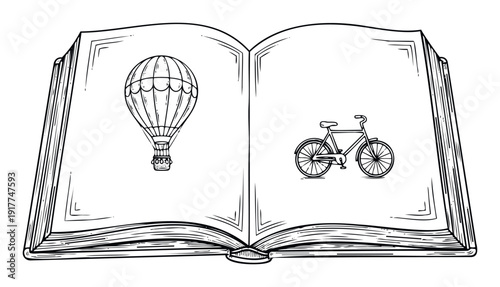 Classic open book displaying a whimsical hot air balloon and a vintage bicycle, symbolizing adventure, learning, and exciting journeys for educational materials and storytelling projects