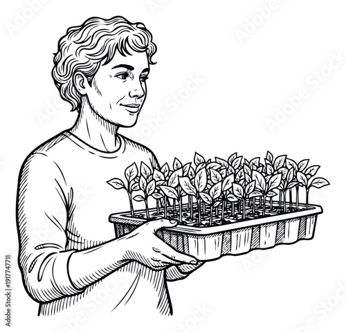 Smiling woman holding a tray of young plant seedlings, ready for spring gardening or agricultural projects, perfect for horticultural advertisements or educational materials