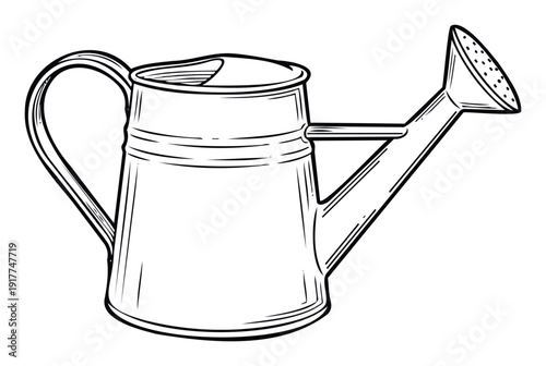 A classic black and white line drawing of a garden watering can, perfect for use in gardening guides, plant care tutorials, or any spring themed educational resources and agricultural