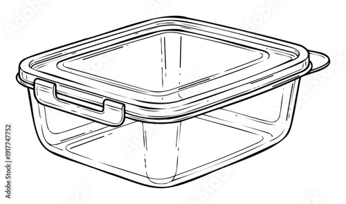 This detailed line drawing of a transparent rectangular plastic food container with a secure lid and latch is ideal for illustrating kitchen organization, meal preparation, food storage,