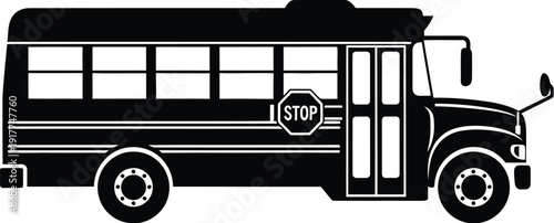 Black silhouette of school bus with stop sign and side mirrors on transparent background