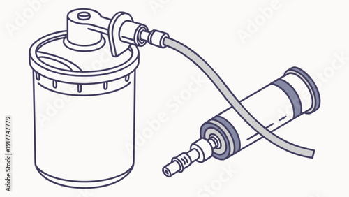 A vector icon of a pump and cylinder connected by a hose, depicted in a simple line art style