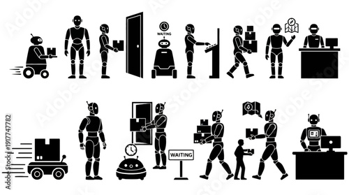 Autonomous Delivery Robot Silhouettes in Modern Logistics Service
