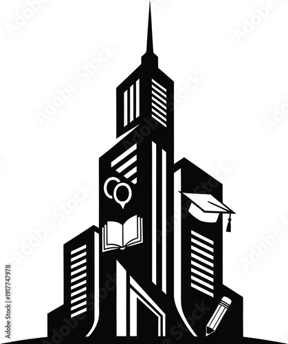 Abstract building with various educational and business icons incorporated into its design