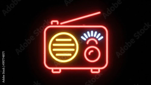 Vintage neon radio sign glowing brightly in dark background