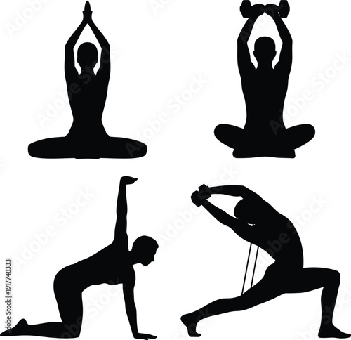 Four Silhouettes Of People Exercising And Doing Yoga