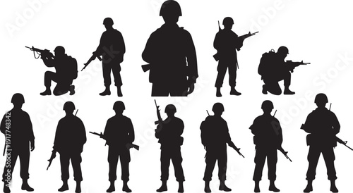 Silhouettes of soldiers in various combat positions and stances