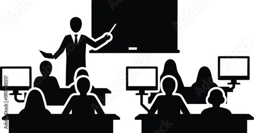 Teacher leading lecture in computer lab classroom with students