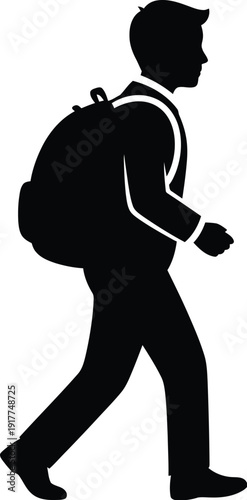Student walking with backpack silhouette - profile view of person commuting to school