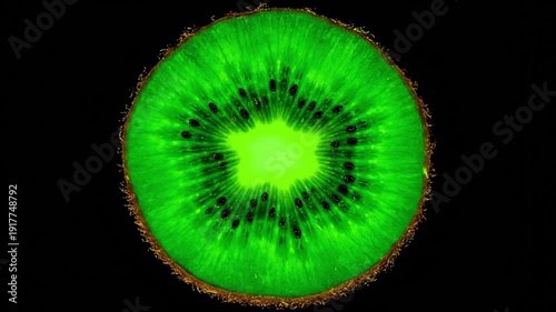 Vibrant green kiwi slice with black seeds on black background