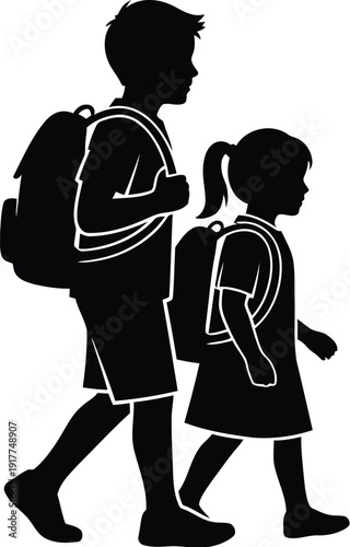 Silhouettes of a boy and girl with backpacks walking