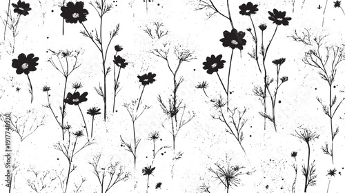 Delicate wildflowers and grasses, fine line art style, hand-drawn aesthetic, pattern texture vector illustration