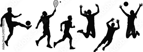 Sports players silhouette set, athletes playing football tennis basketball isolated on white background vector illustration collection